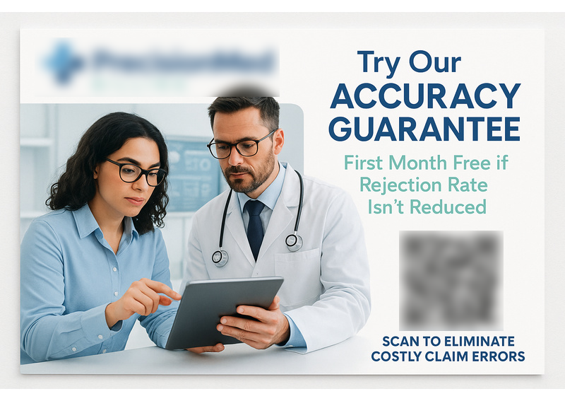 Historical direct-mail campaign artwork: Medical Billing Firm Increases Lead Quality with Guaranteed-Results Postcard Campaign