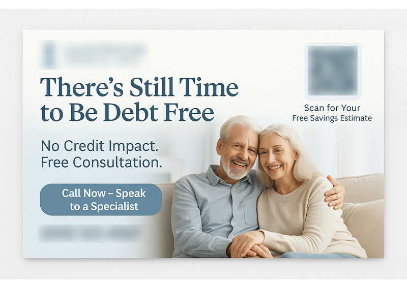 Historical direct-mail campaign artwork: Debt Relief Company Increases Leads 25% with Targeted Postcard Campaign
