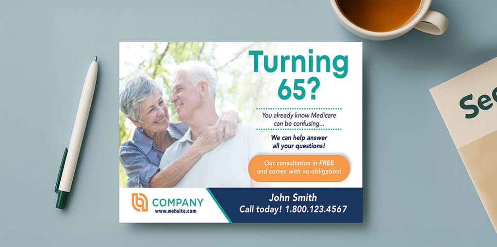 Medicare direct mail postcard featuring a senior couple and a free consultation offer.