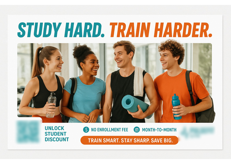 Historical direct-mail campaign artwork: 187 Student Memberships Added with “Train Harder” Back-to-Campus Mailer