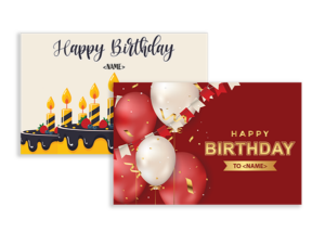 Two horizontal birthday postcards featuring candles, balloons, and bold “Happy Birthday” typography.