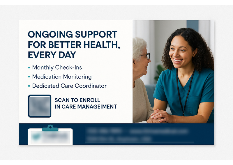 Historical direct-mail campaign artwork: 95 Patients Enroll After Care Management Postcard Outreach