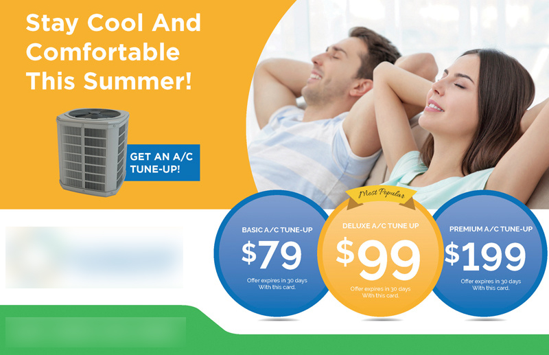 Historical direct-mail campaign artwork: Summer A/C Tune-Up Offers Drive Revenue and Service Calls for HVAC Company