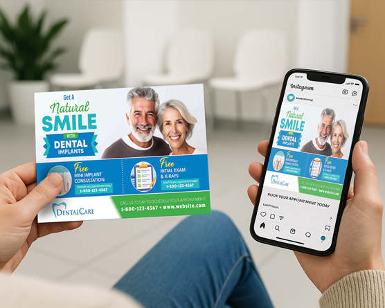 Patient viewing a dental postcard while seeing the same campaign on Instagram.