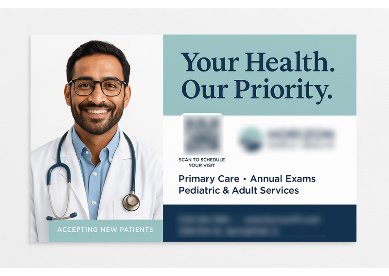Historical direct-mail campaign artwork: Clinic Welcomes 152 New Patients with Postcard + Digital Booking Campaign