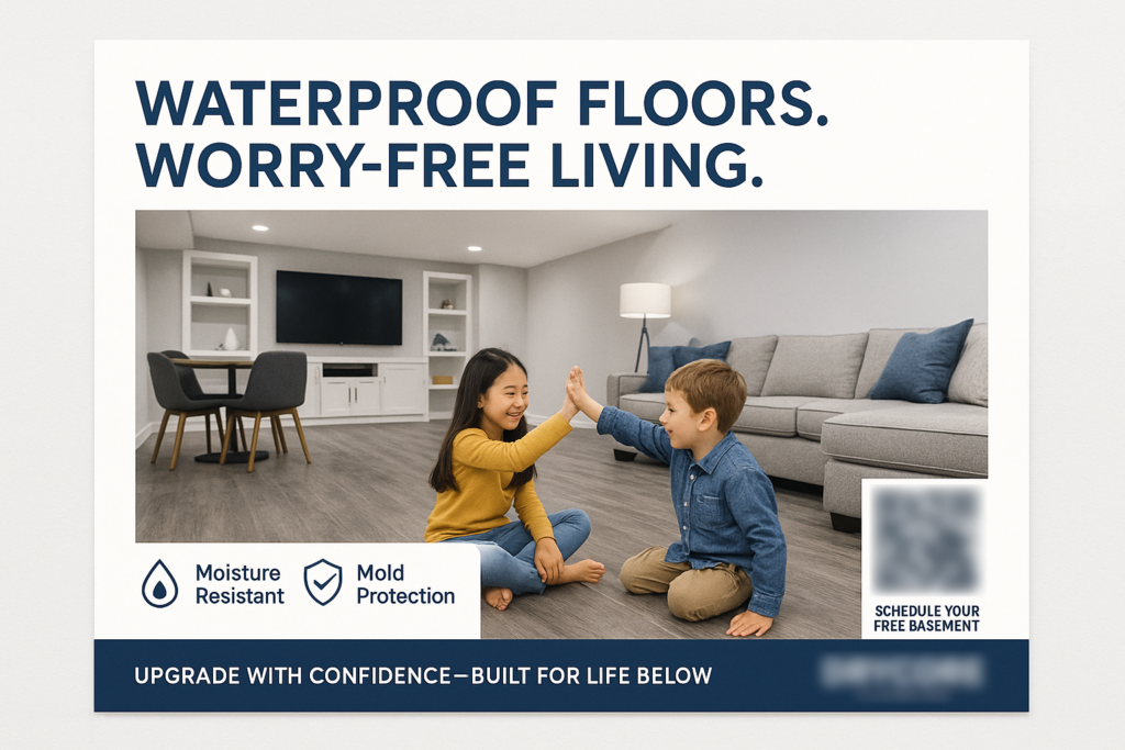 Historical direct-mail campaign artwork: $171K in New Sales from “Worry-Free Basement” Postcard Campaign
