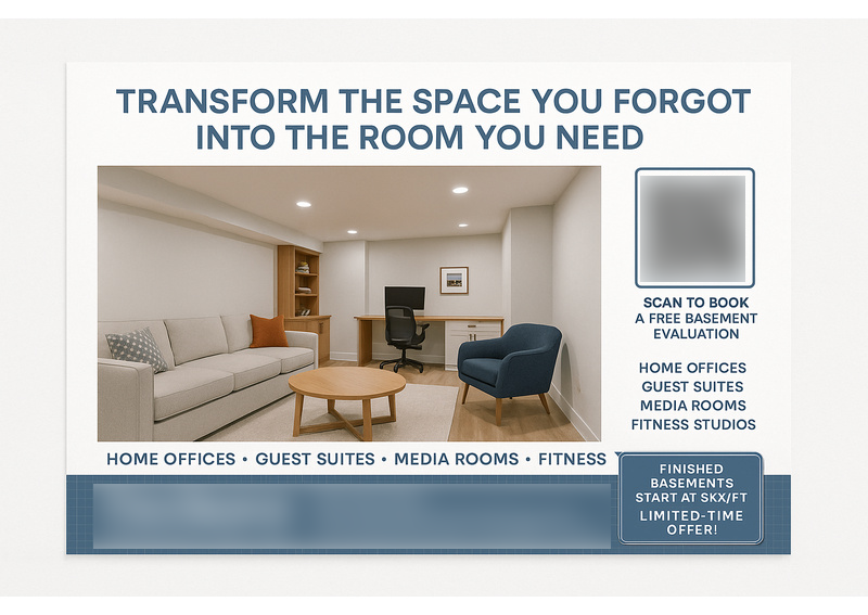 Historical direct-mail campaign artwork: Remodeler Books $148K in Basement Projects Using AI Targeting + Direct Mail
