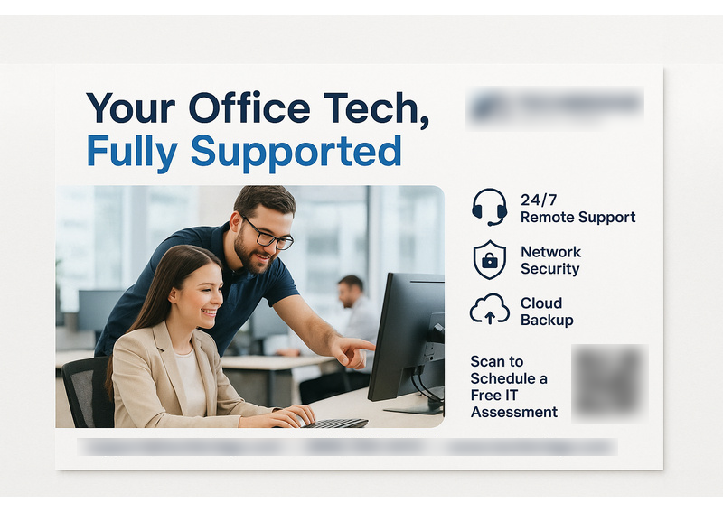 Historical direct-mail campaign artwork: IT Firm Boosts Free Assessment Bookings with AI-Powered Postcard Campaign