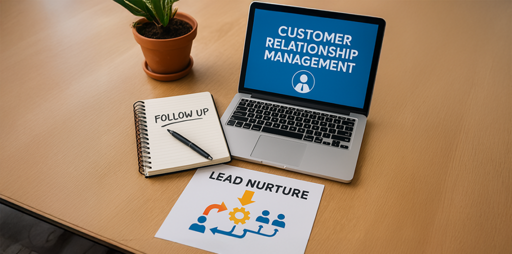 Laptop displaying Customer Relationship Management software beside a notebook labeled follow-up and a printed lead nurture diagram