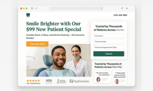 Web browser mockup displaying a dental service landing page with a $99 new patient special and a submission form