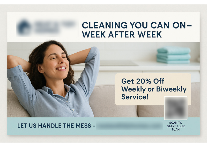 Historical direct-mail campaign artwork: Cleaning Service Increases Subscriptions With 20% Off Postcard & Digital Campaign