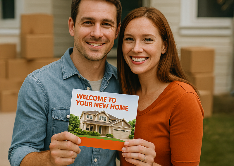 Couple holding a new-home postcard