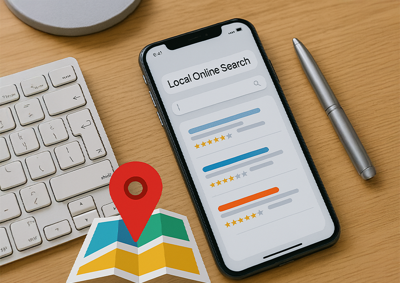 Phone displaying local online search beside a map marker