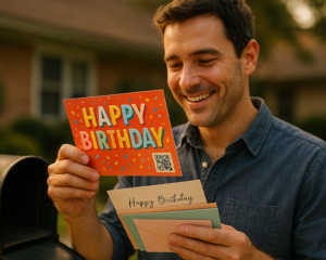 Man smiling as he opens a birthday postcard from his mailbox in front of his home.
