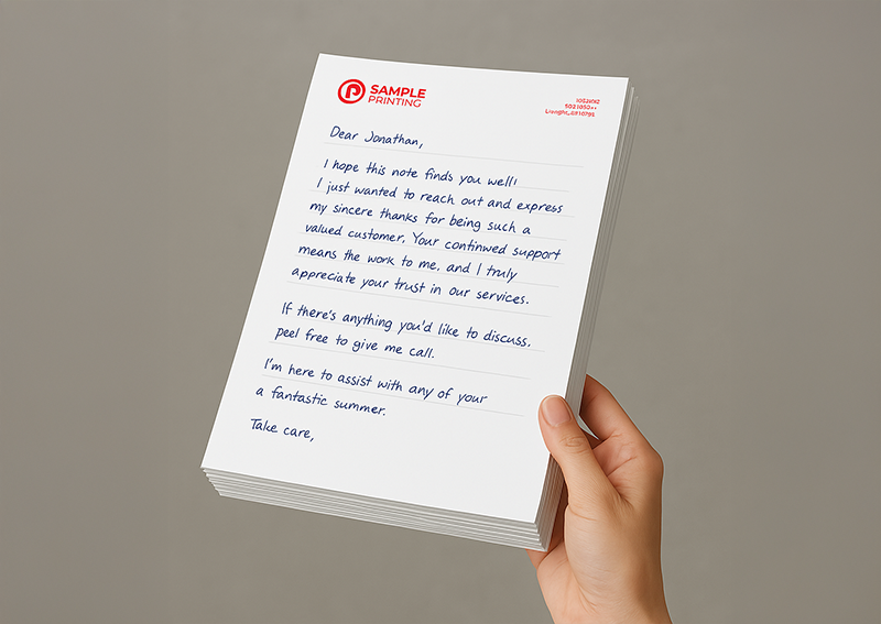 Hand holding a handwritten marketing letter