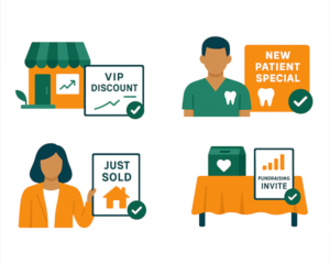 Illustrations showing examples of targeted mail offers like VIP discounts, new patient specials, and fundraising invites.
