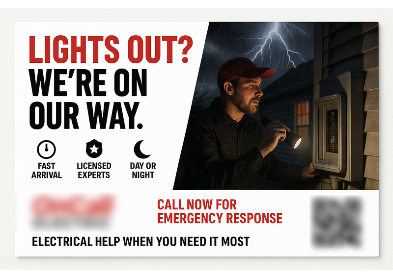 Historical direct-mail campaign artwork: 142 Emergency Calls Booked from “Lights Out?” Direct Mail Blitz