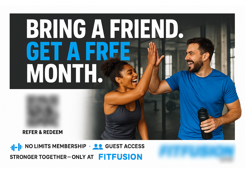 Historical direct-mail campaign artwork: FitFusion Adds 142 New Members with “Bring a Friend” Promo Postcard