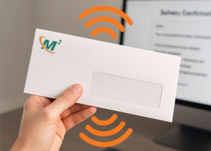 Person holding a MailMonitor envelope broadcasting digital tracking signals.
