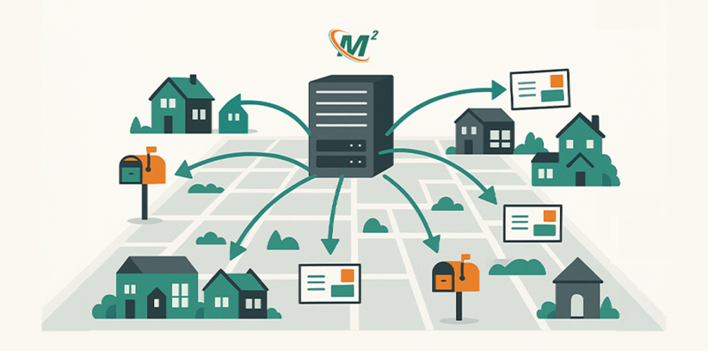 Illustration of mail routes connecting homes and a central service