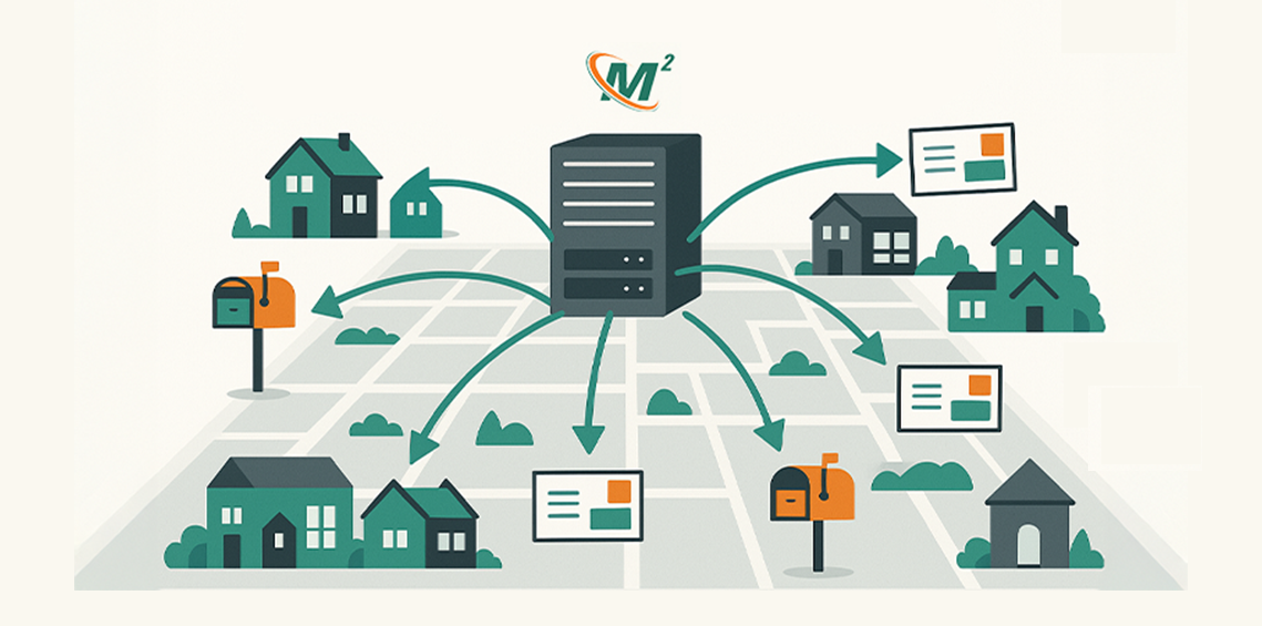 Illustration of mail routes connecting homes and a central service