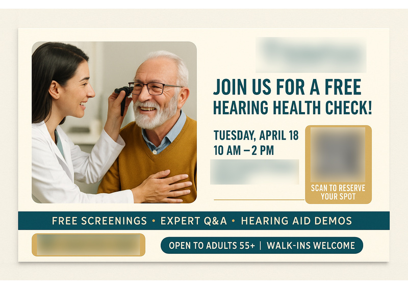 Historical direct-mail campaign artwork: Hearing Center Attracts 163 Visitors with Free Screening Postcard Push