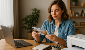 Woman holding and reading a postcard at her desk next to a laptop and printer
