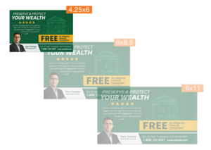 Side-by-side postcard size comparison showing standard 4.25 x 6 postcard next to larger formats.
