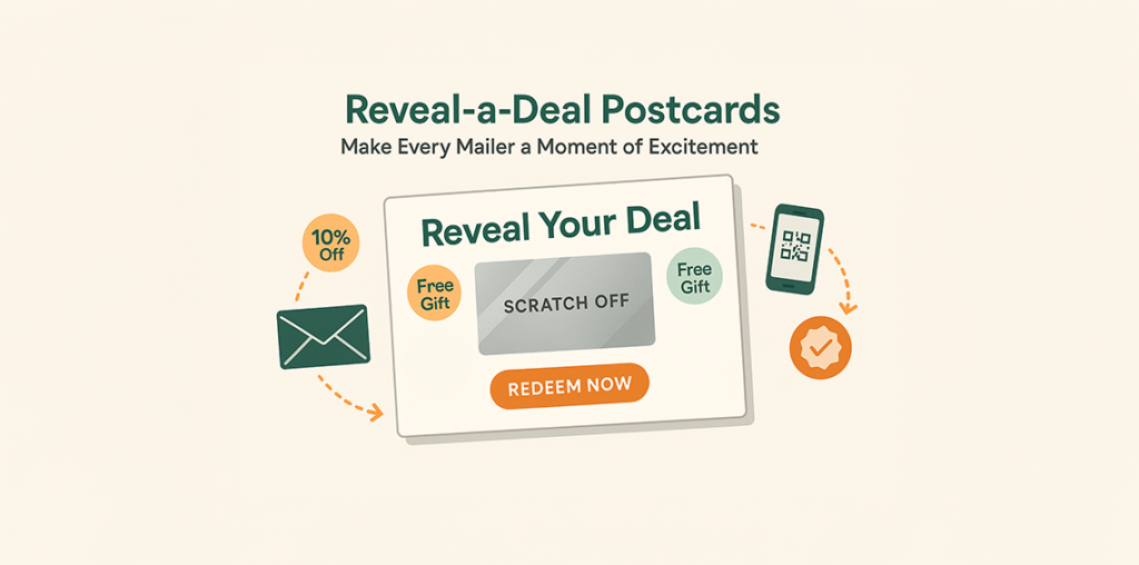 Illustration of a scratch-off postcard surrounded by icons for deals, gifts, QR codes, and redemption.