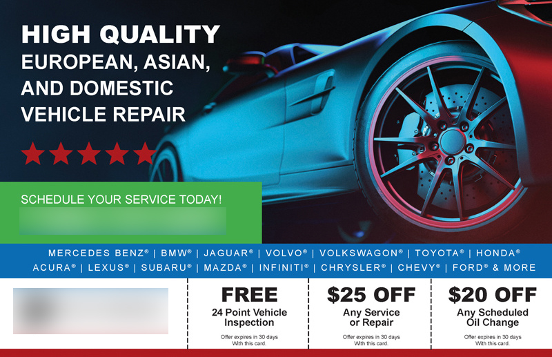 Historical direct-mail campaign artwork: Full-Service Shop Generates $25K With High-Quality Multi-Brand Repair Campaign