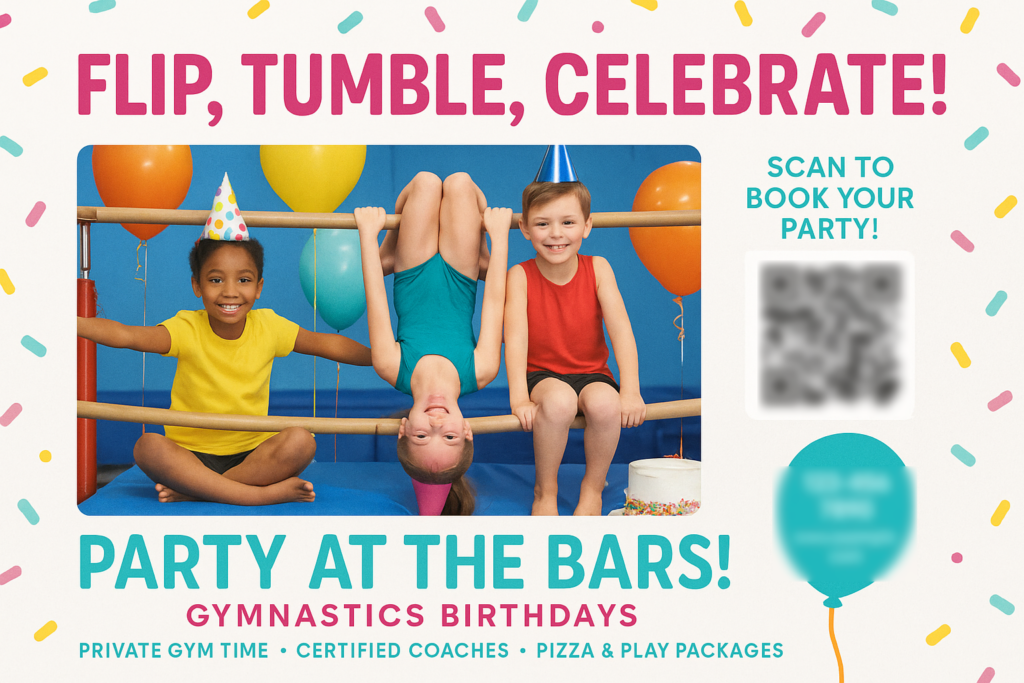 Historical direct-mail campaign artwork: Gymnastics Center Books Out Birthday Parties with QR-Driven OMNI reach Campaign