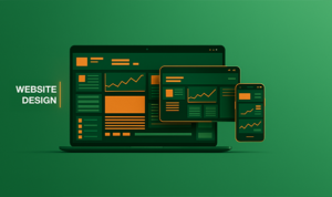 Illustration of responsive website layouts across laptop, tablet, and smartphone screens on a green background