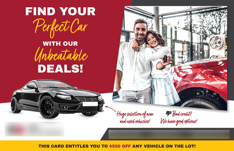 Historical direct-mail campaign artwork: Car Dealership Sells 18 Vehicles with Direct Mail + Ad Retargeting