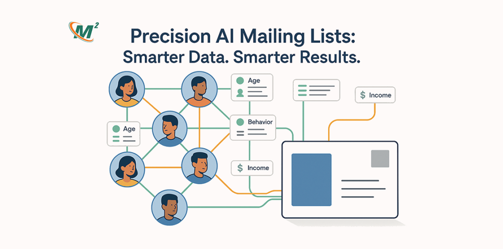 Illustration of connected user profiles with AI-driven mailing attributes like age, income, and behavior.