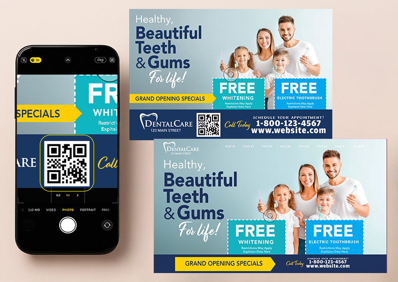 Dental postcard with a QR code beside a phone