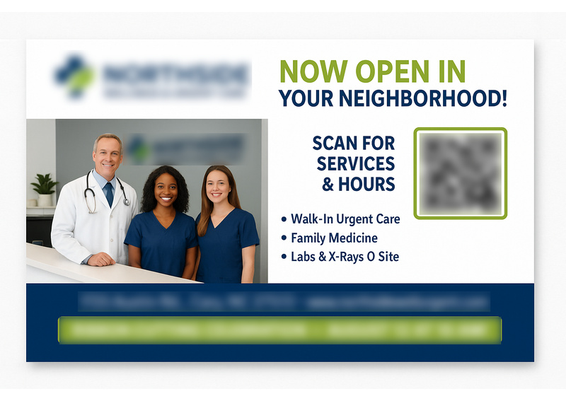 Historical direct-mail campaign artwork: New Clinic Launches with 204 Walk-Ins from “Now Open” Postcard Campaign