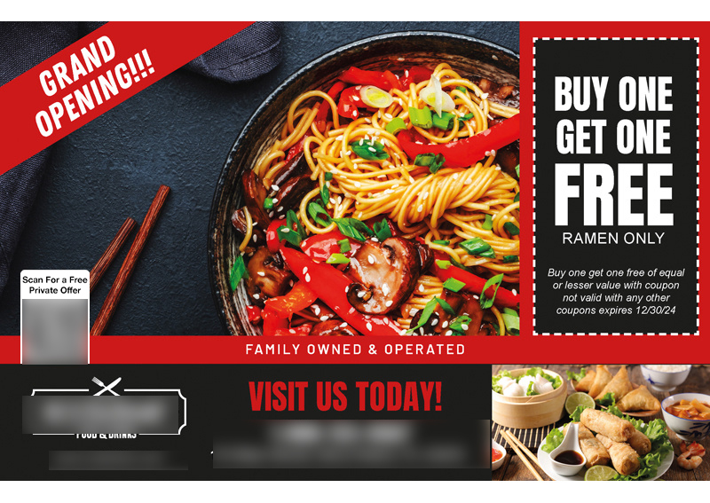 Historical direct-mail campaign artwork: BOGO Ramen Promo Drives 186 New Diners in First 10 Days