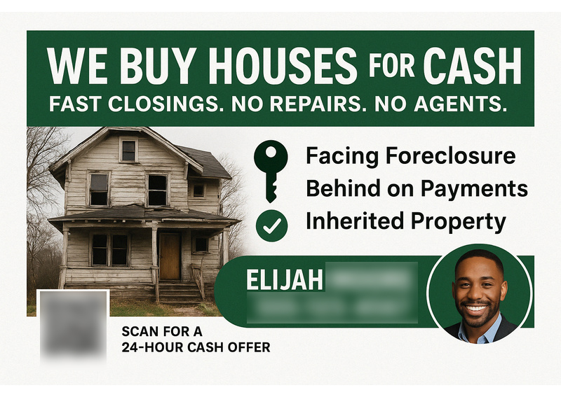 Historical direct-mail campaign artwork: Homeowner Avoids Foreclosure and Sells for Cash in 5 Days