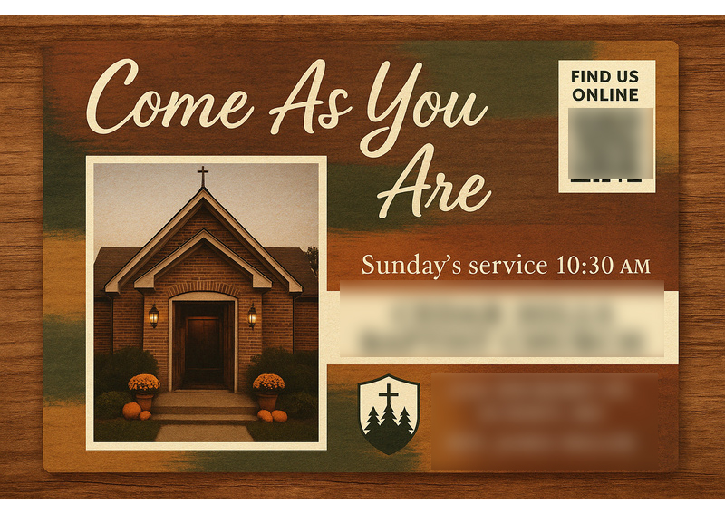 Historical direct-mail campaign artwork: Local Church Welcomes 92 New Visitors With “Come As You Are” Postcard + OMNI Campaign