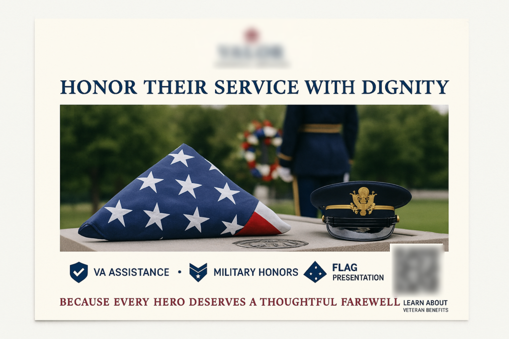 Historical direct-mail campaign artwork: VA-Focused Campaign Drives 84 Booked Consults for Veteran Farewell Packages