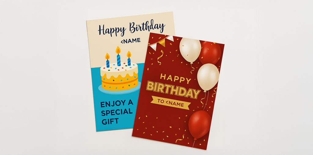 Two birthday postcards with custom name fields, one featuring a cake illustration and the other with balloons.