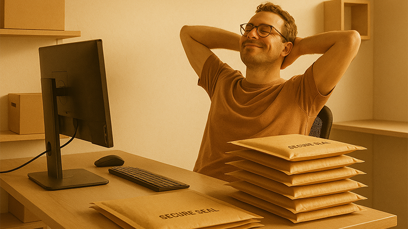 Person relaxed at desk beside a stack of secure seal mailers, representing stress-free bulk mailing.