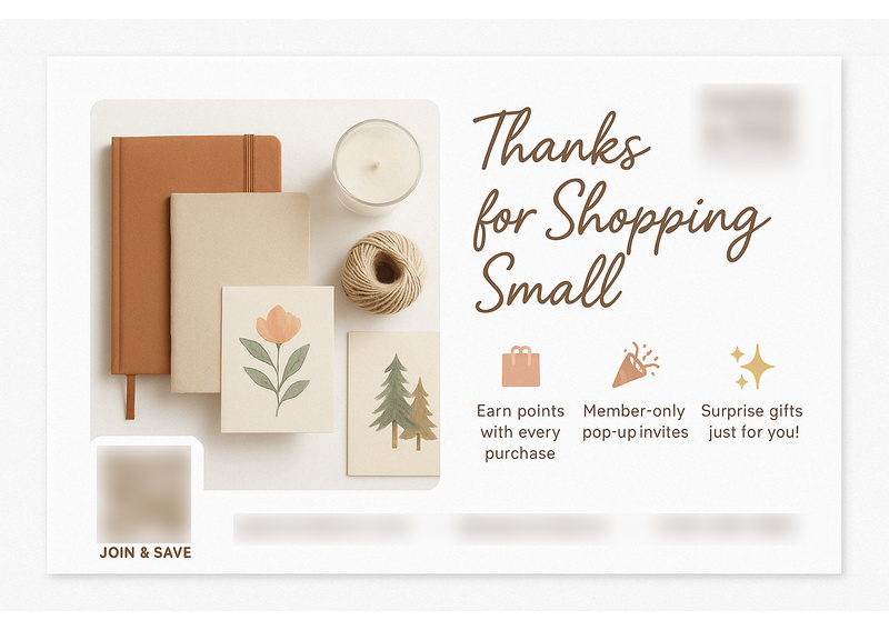 Historical direct-mail campaign artwork: “Shop Small” Postcard Campaign Adds 325 Loyalty Members in 30 Days