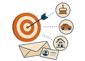 Direct mail targeting graphic showing a bullseye with audience segments like birthdays, auto owners, and homeowners.