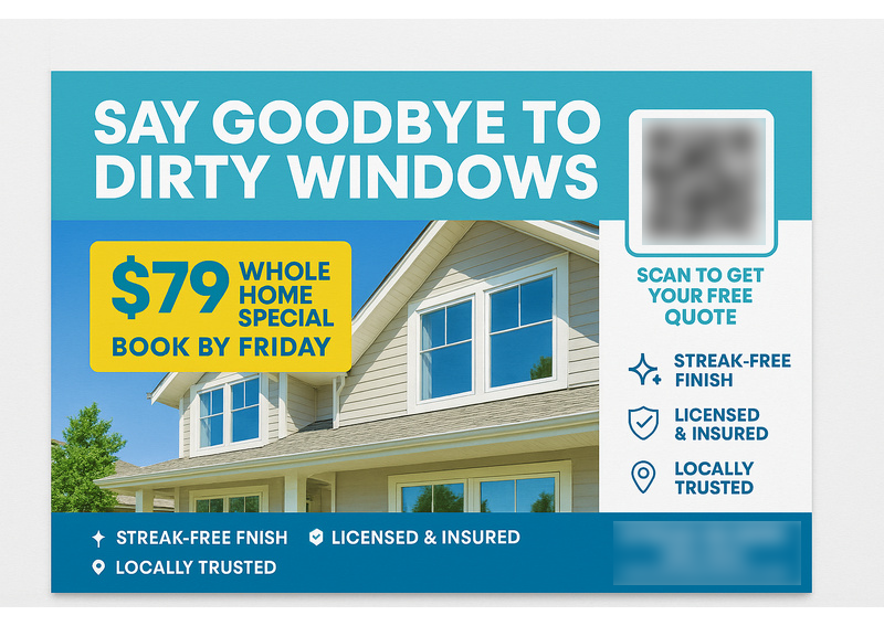 Historical direct-mail campaign artwork: Window Cleaning Business Generates $68K in Revenue from $79 Offer + OMNI REACH