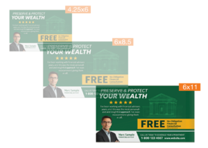 Side-by-side size comparison of printed postcards including 6 x 11 colossal postcard for financial services.