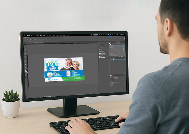 Designer editing a dental postcard on a monitor