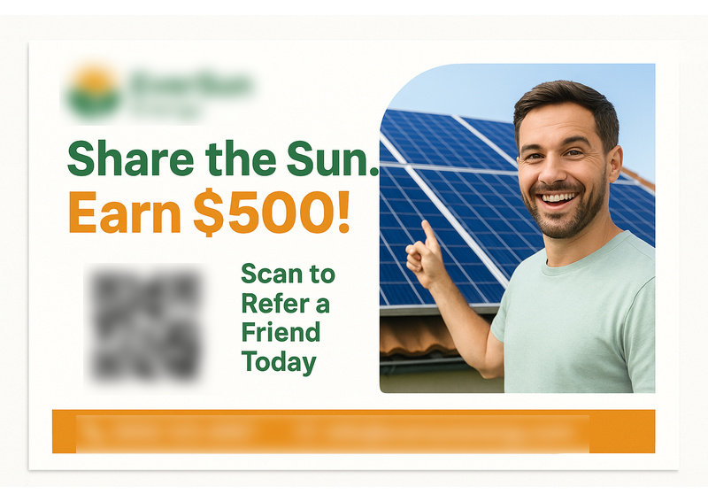 Historical direct-mail campaign artwork: Solar Company Generates 37 Installs via AI-Driven Referral Postcard Campaign