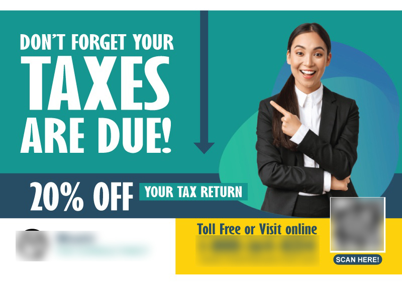Historical direct-mail campaign artwork: Tax Prep Business Boosts Returns and Bookings With 20% Off Deadline Campaign