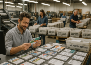 Team reviewing stacks of postcards inside a mailhouse production facility.